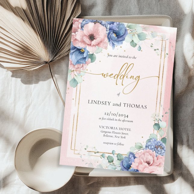 Boho pink and blue floral eucalyptus gold frame invitation (Boho pink and blue floral eucalyptus gold frame invitation)