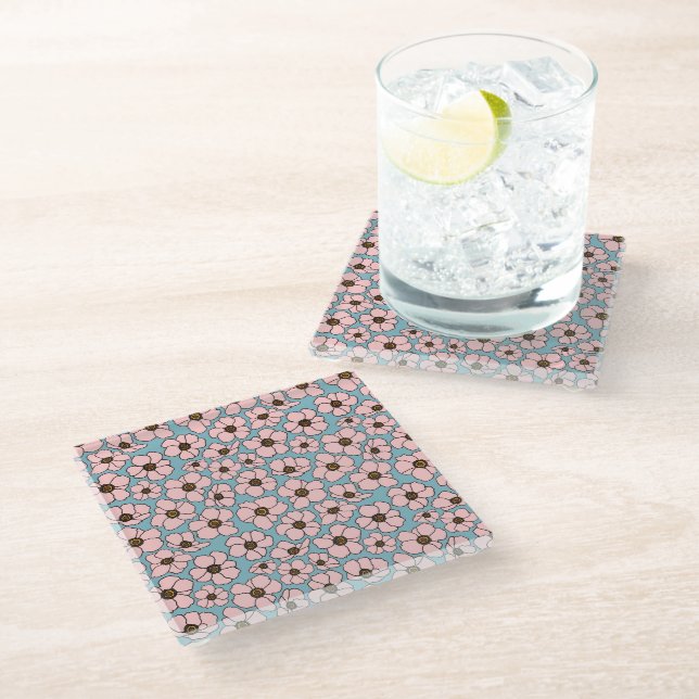 Boho Pink And Blue Flowers  Glass Coaster (Angled)