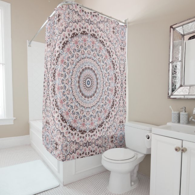 Boho Pink and Blue Mandala Pattern Shower Curtain (In Situ)