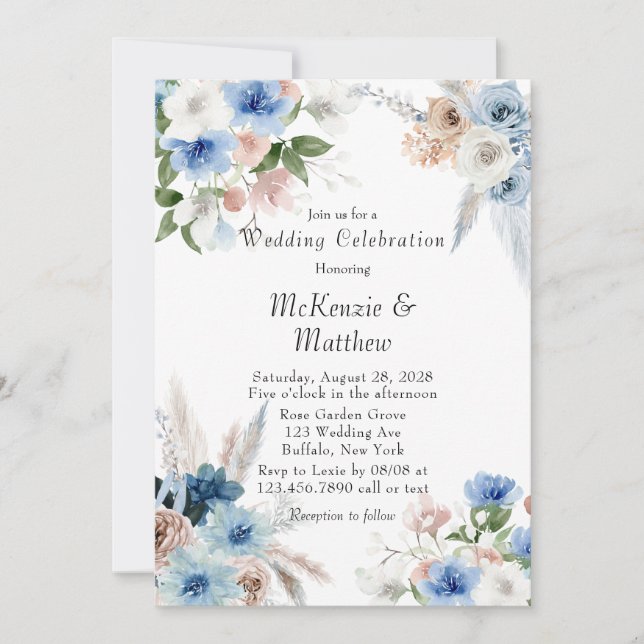 Boho Pink and Blue Peony Pampas Grass Wedding Invitation (Front)