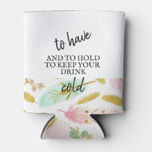 Boho Pink and Gold Feathers Can Cooler