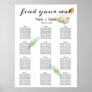 Boho Pink and Gold Feathers Seating Chart
