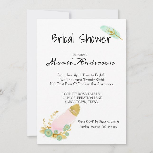 Boho Pink and Gold Feathers Shower Invitation (Front)