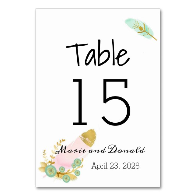 Boho Pink and Gold Feathers Table Number (Front)