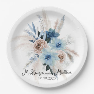 Boho Pink and Navy Peony Bouquet Wedding Paper Plate