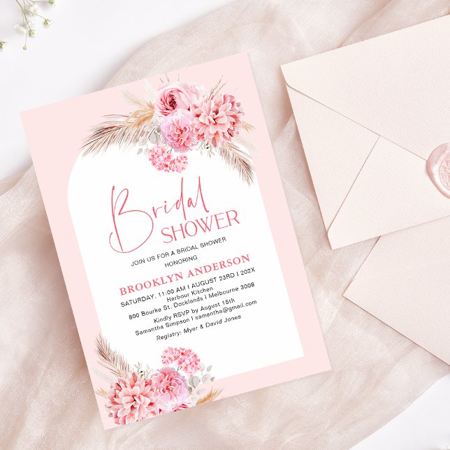 Boho Pink Arch Floral Bridal Shower Invitation (Bright Pink Bridal Shower Invitation Template Boho, Modern Pink Floral Bridal Shower Invitation)