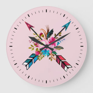 Boho Pink Arrows & Feathers Bouquet Wall Clock