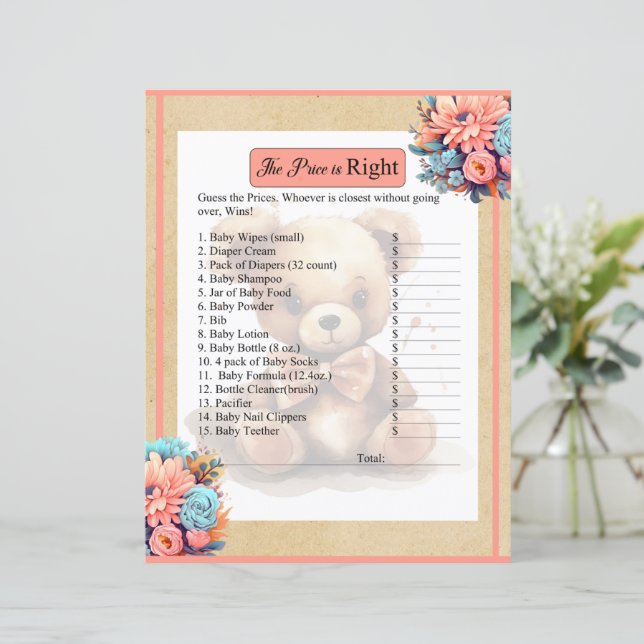 Boho Pink Bear Baby Price is Right Game (Standing Front)