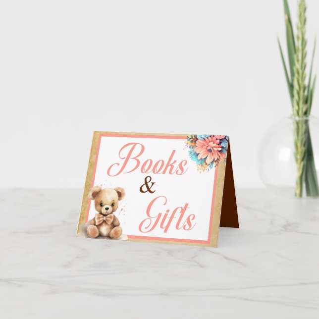 Boho Pink Bear Baby Shower Books and Gifts Card (Front)