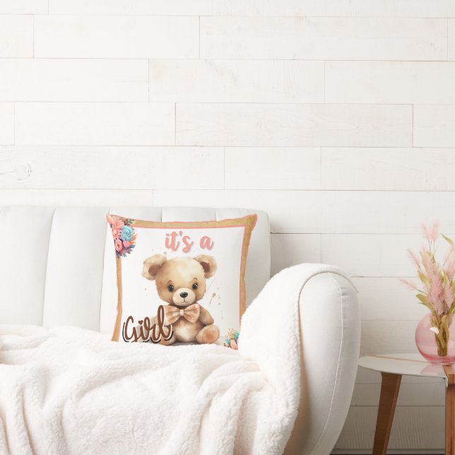 Boho Pink Bear Baby Shower Cushion (Couch)
