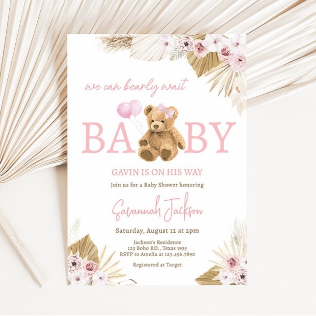 Boho Pink Bear Baby Shower  Invitation (Pink Pampas Grass Teddy Bear Baby Shower Invitation)
