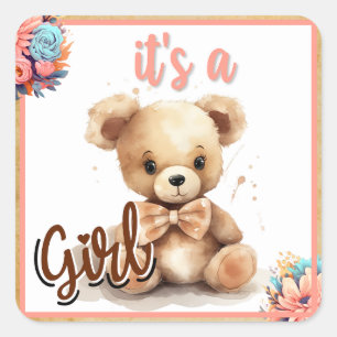 Boho Pink Bear Baby Shower Square Sticker