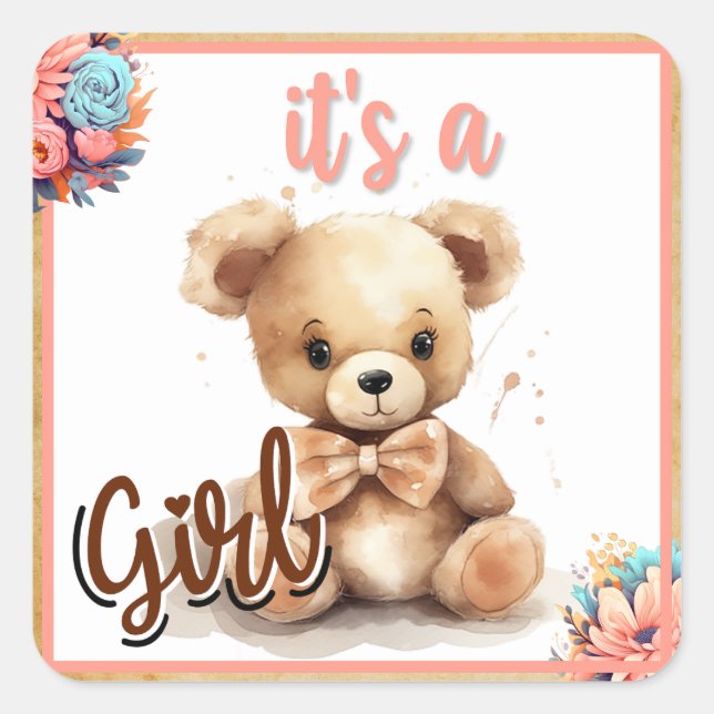 Boho Pink Bear Baby Shower Square Sticker (Front)