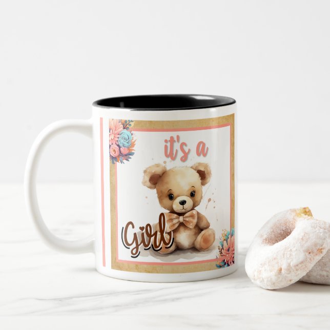 Boho Pink Bear Baby Shower  Two-Tone Coffee Mug (With Donut)