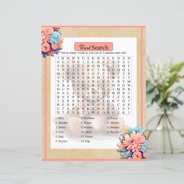 Boho Pink Bear Baby Shower Word Search Game (Standing Front)