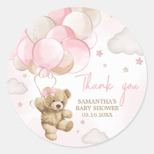 Boho Pink Bear Balloon Baby Shower Classic Round Sticker