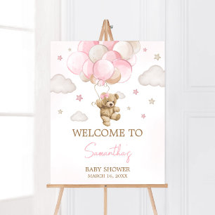 Boho Pink Bear Balloon Baby Shower Welcome Poster