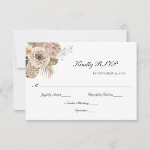Boho Pink Beige Floral Botanical Elegant Wedding  RSVP Card
