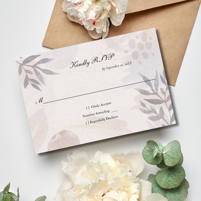 Boho Pink Blue Botanical Leaves Watercolor Wedding RSVP Card (Boho blush pink blue gray botanical leaves abstract shapes Wedding RSVP card)