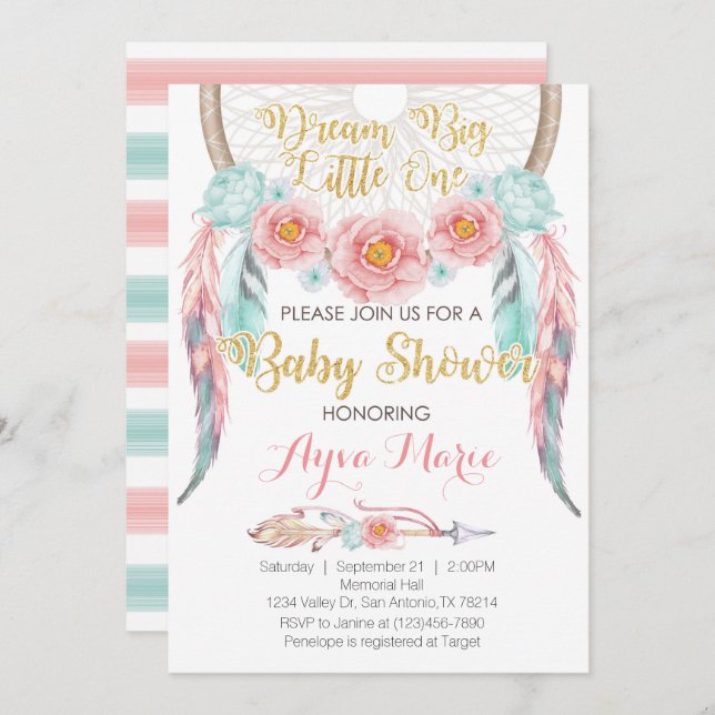 Boho Pink Blue Dreamcatcher Baby Shower Invitation (Front/Back)