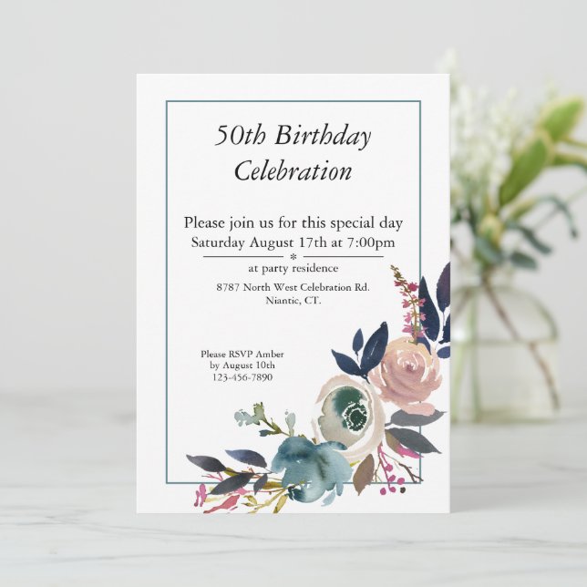 Boho Pink Blue Floral Customisable 50th Birthday  Invitation (Standing Front)