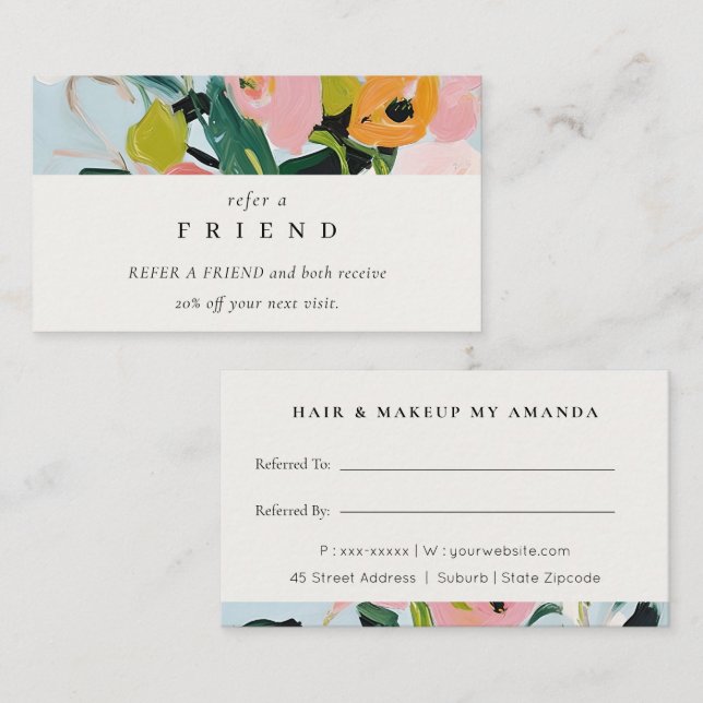 Boho Pink Blue Green Painted Floral Refer A Friend Business Card (Front/Back)