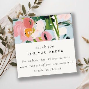 Boho Pink Blue Painted Floral Thank You For Order Square Business Card