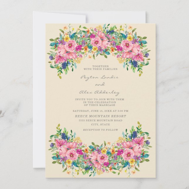 Boho Pink Blue Yellow Flowers Wedding Invitation (Front)