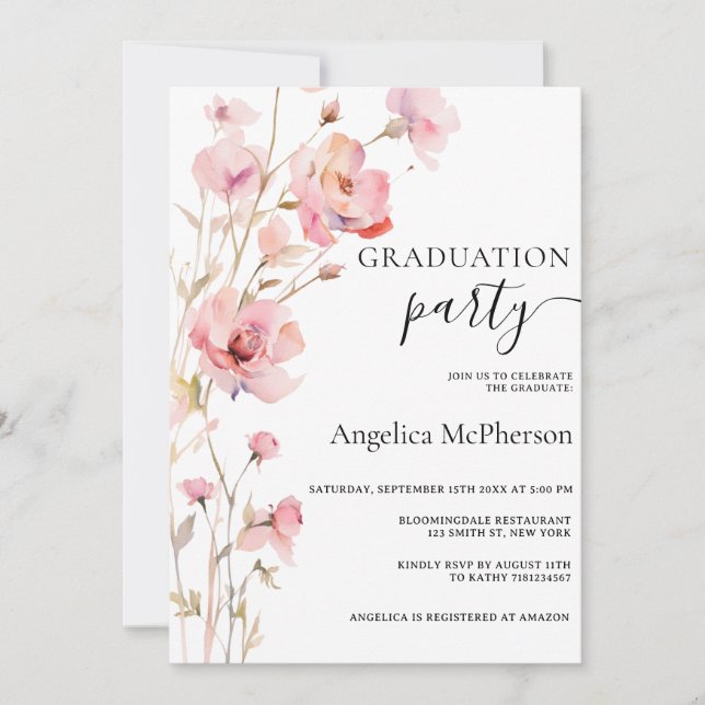 BOHO PINK BLUSH WATERCOLOR FLOWERS GRADUATION INVITATION (Front)