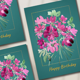 Boho Pink Bouquet   Watercolor Floral Birthday Card