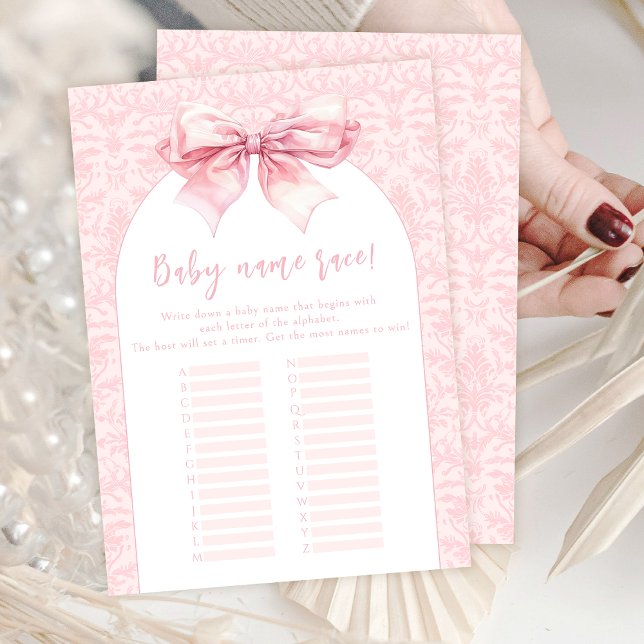 Boho Pink Bow Baby Girl Shower Name Race Game Card (Creator Uploaded)
