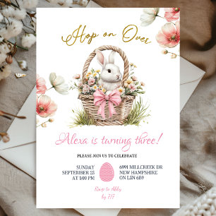 Boho Pink Bow Floral Easter Bunny Birthday Invitation