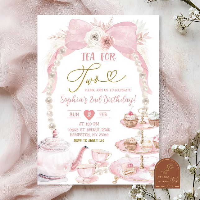 Boho Pink Bow Pearl Tea For Two Birthday Invitation (Creator Uploaded)