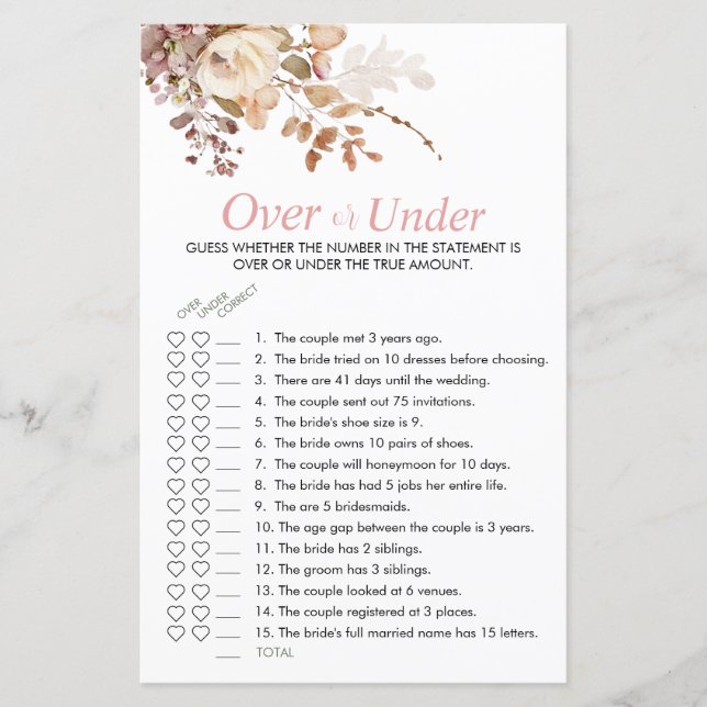 Boho Pink Bridal Shower Over or Under Game (Front)