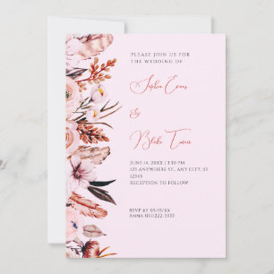 Boho Pink & Brown Flowers & Feathers Pink Wedding Invitation