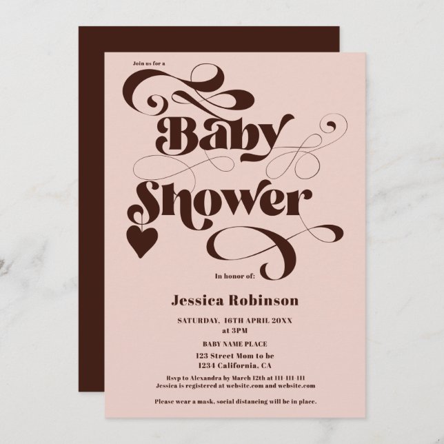 boho pink brown heart script bold baby shower invitation (Front/Back)