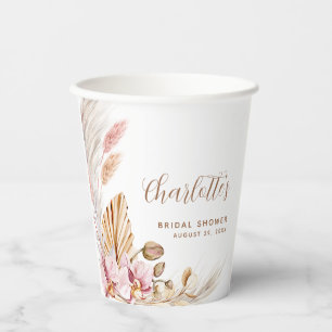 Boho Pink Brown Pampas Grass Bridal Shower Paper Cups