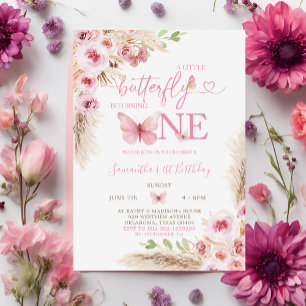 Boho Pink Butterfly First Birthday Floral Invitation
