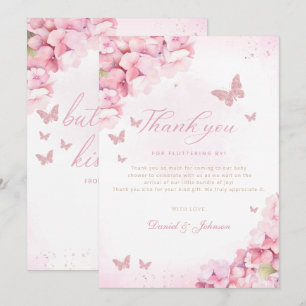 Boho Pink Butterfly Kisses Floral Girl Baby Shower Thank You Card