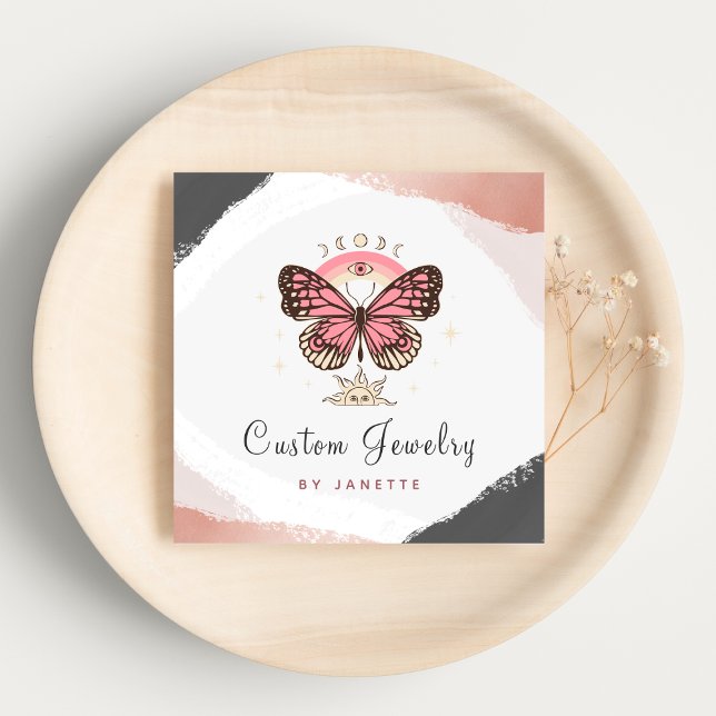 Boho Pink Butterfly Mystic Moon Handmade Jewellery Square Business Card (Creator Uploaded)