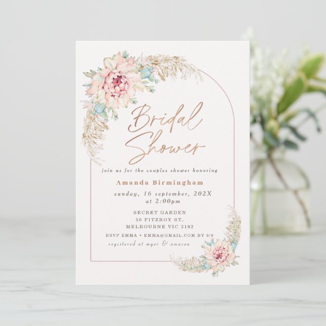 Boho Pink Cactus Rose Gold Bridal Shower Shower Invitation (Standing Front)
