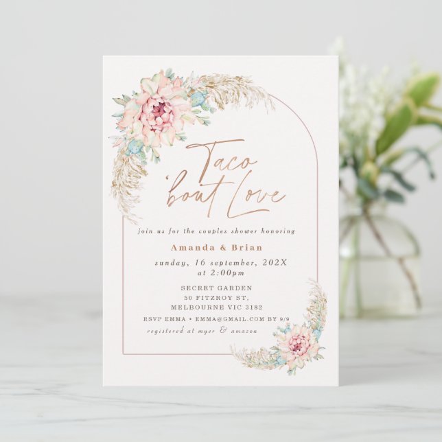Boho Pink Cactus Taco 'bout Love Couples Shower Invitation (Standing Front)