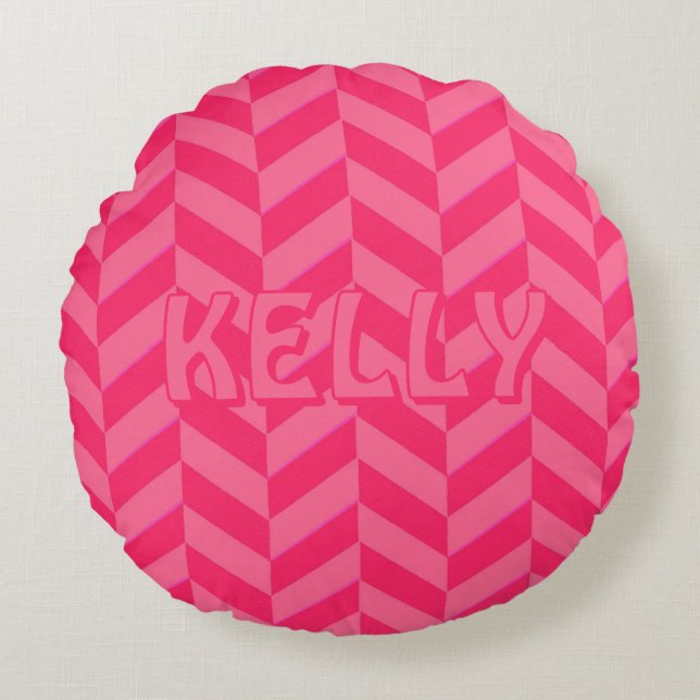 Boho Pink Chevron Ikat Inspired Pattern Red Accent Round Cushion (Front)