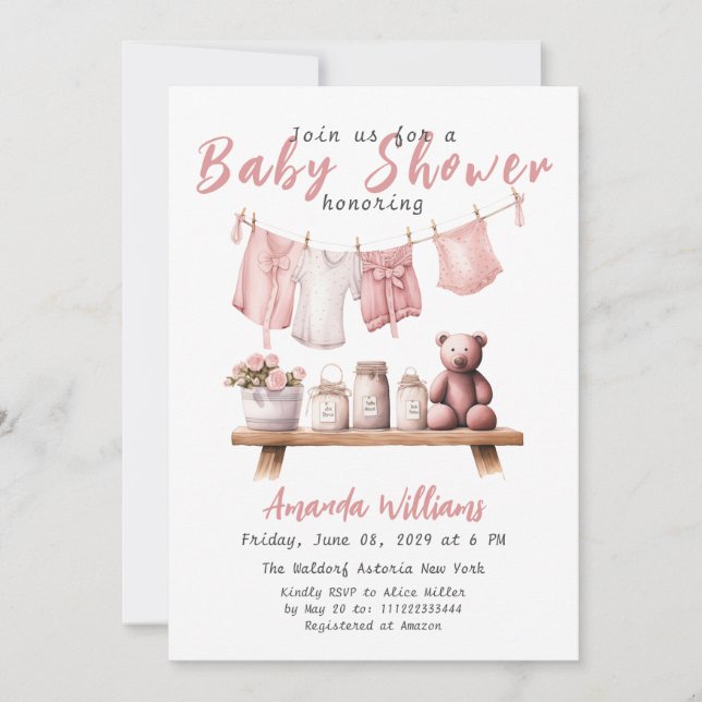 Boho Pink Clothesline Sweet Baby Girl Baby Shower Invitation (Front)
