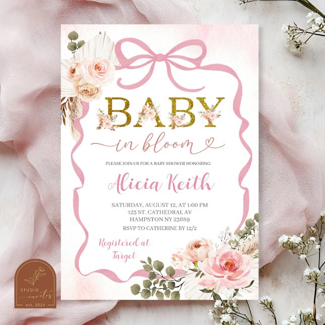 Boho Pink Coquette Pampas Grass Baby Shower Baby i Invitation (Creator Uploaded)