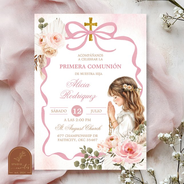 Boho Pink Coquette Pampass Grass First Holy Commun Invitation (Creator Uploaded)