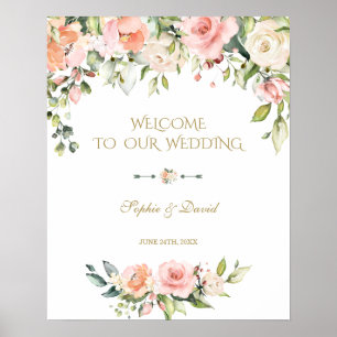 Boho Pink Cream Flowers Welcome Wedding Sign