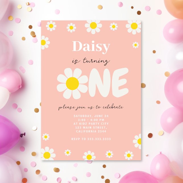 Boho Pink Cute Daisy Flowers 1st Birthday Invitation (Creator Uploaded)