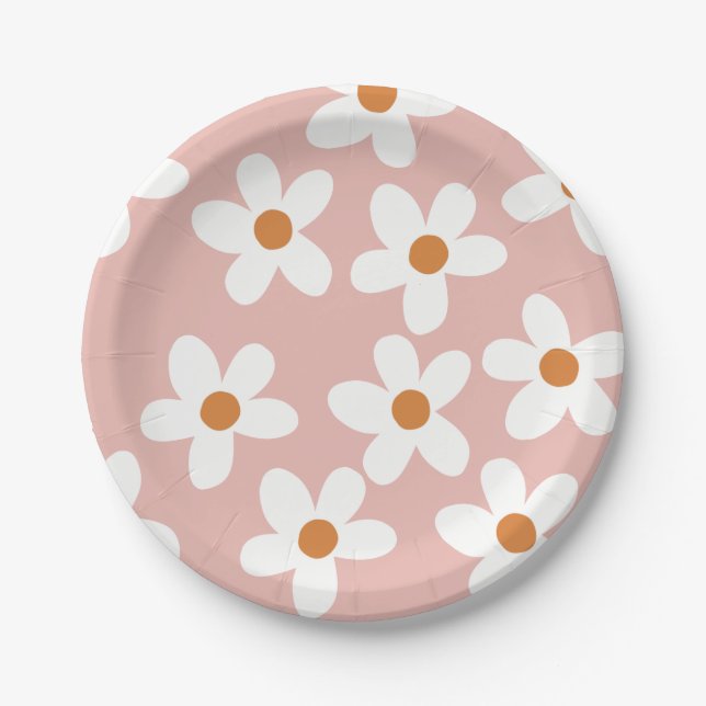 Boho Pink Daisy Birthday  Paper Plate (Front)