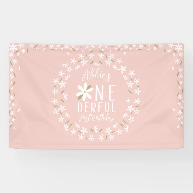 Boho Pink Daisy First Birthday Backdrop Banner (Horizontal)